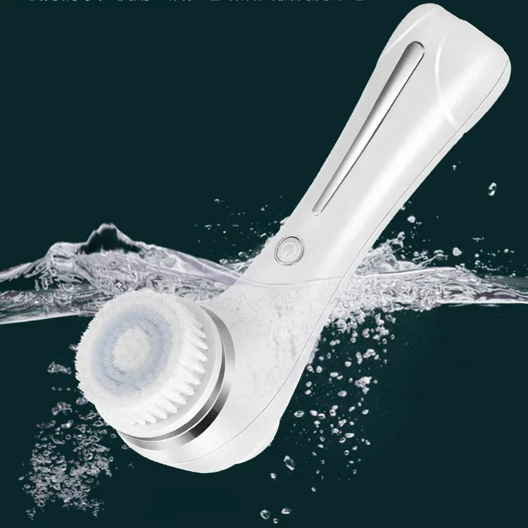 White electric facial cleansing brush with soft bristles and water splash background