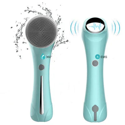Aqua blue electric facial cleansing brush and massager with water splashes shown