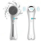 White electric facial cleansing brush and EMS massager with water resistance and digital display