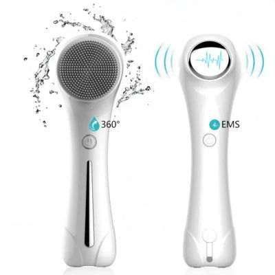 White electric facial cleansing brush and EMS massager with water resistance and digital display