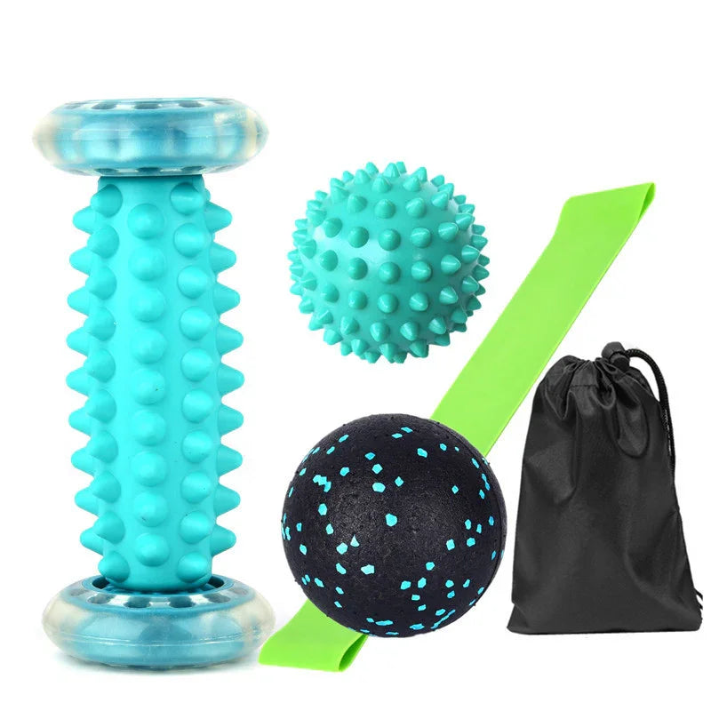 Foot Massage Roller & Fitness Yoga Ball black massage ball, green resistance band, and carrying pouch.