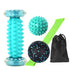 Foot Massage Roller & Fitness Yoga Ball black massage ball, green resistance band, and carrying pouch.
