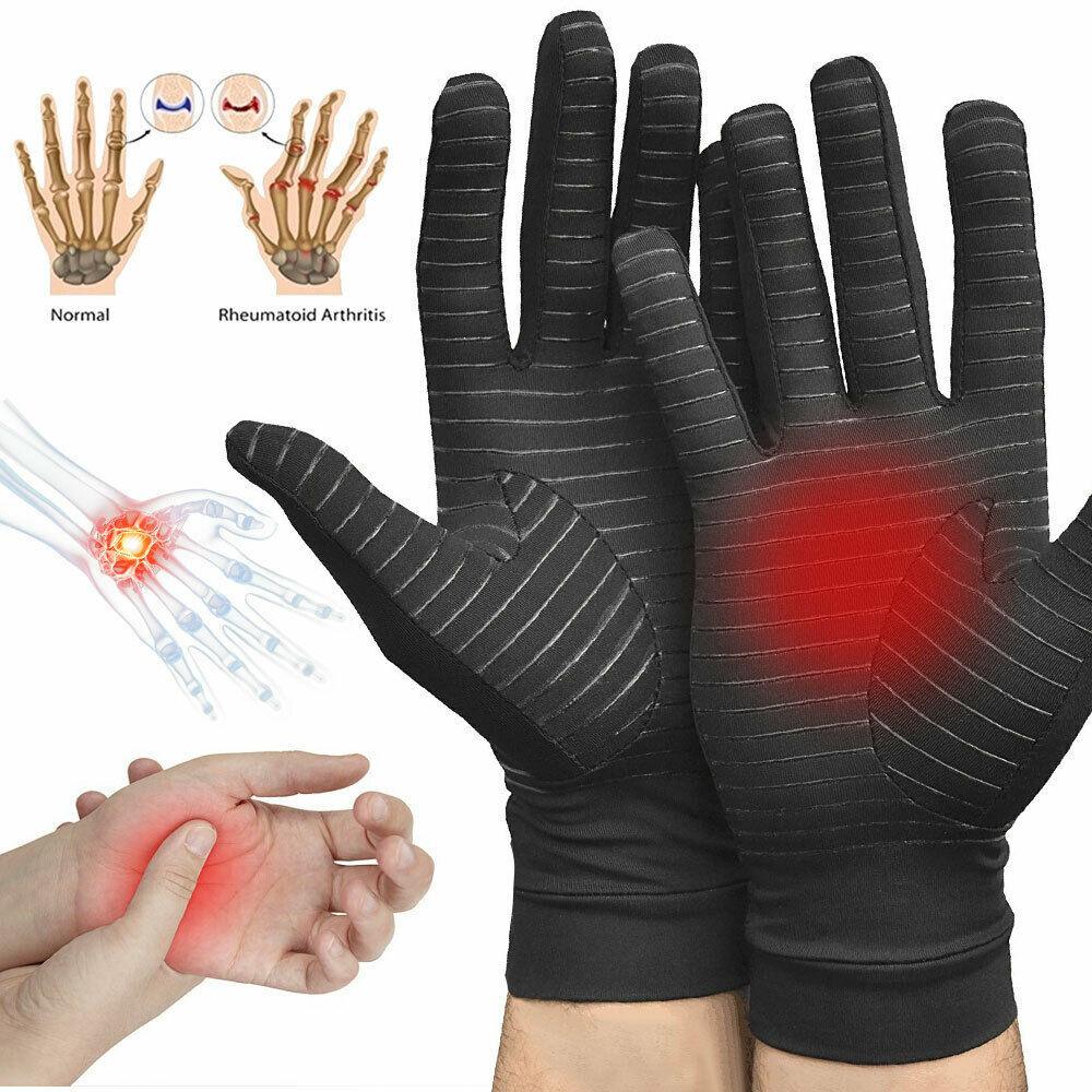 Copper Compression Gloves Pain for arthritis pain relief, with hand anatomy diagrams and red pain highlights.