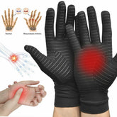 Copper Compression Gloves Pain for arthritis pain relief, with hand anatomy diagrams and red pain highlights.