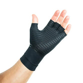 Black Copper Compression Gloves Paine with open fingertips on a hand, wrist support sleeve, isolated on white