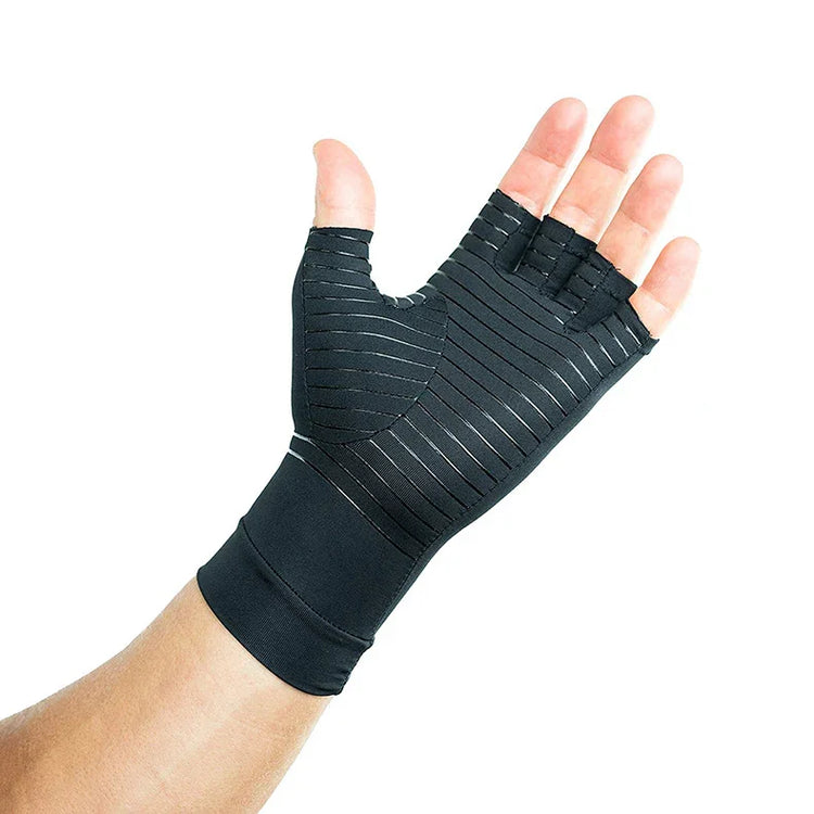Black Copper Compression Gloves Paine with open fingertips on a hand, wrist support sleeve, isolated on white