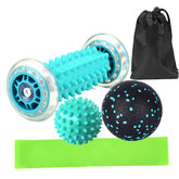 Foot Massage Roller & Fitness Yoga Ball, textured massage ball, green resistance band, and black carry bag