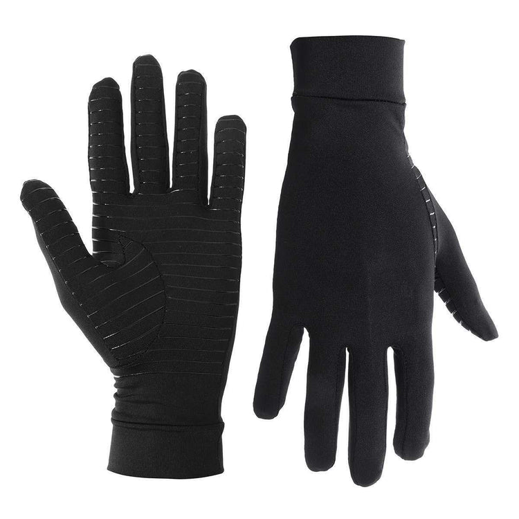 Pair of black thermal Copper Compression Gloves Pain with grip lines on palm, ideal for winter and outdoor activities