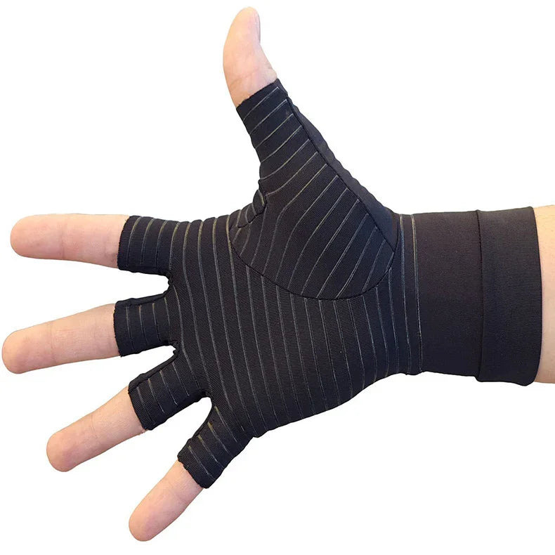 Black fingerless Copper Compression Gloves Pain with thin stripes on a hand, palm facing forward.
